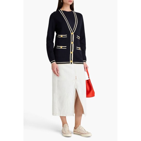 Alex Mill Greta Navy Blue White Stripe Trim Gold Button Cardigan Sweater XS /346 - Picture 2 of 9